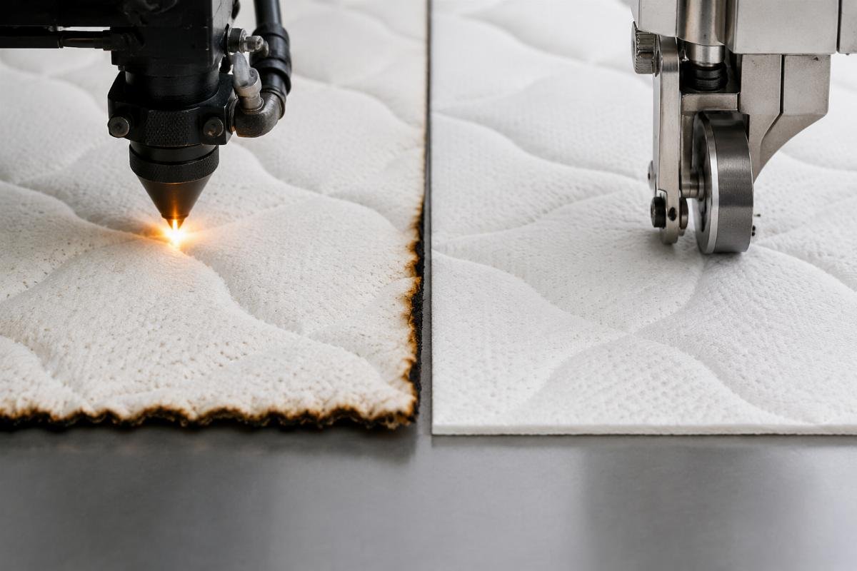 Cold cutting vs hot cutting edge quality comparison Side-by-side comparison of a burnt, frayed edge from hot cutting vs a clean, smooth edge from cold oscillating knife cutting on mattress fabric