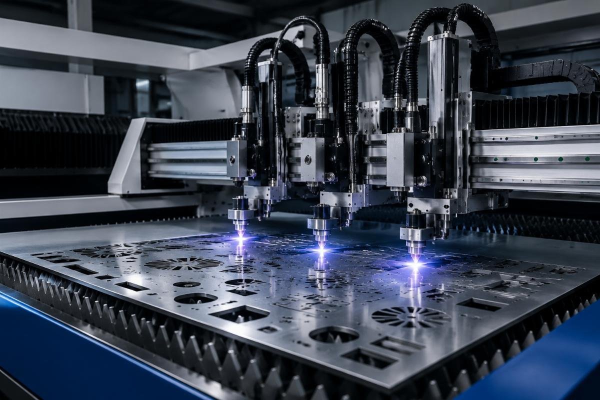 A custom-configured CNC cutting machine with labeled tool heads and working area