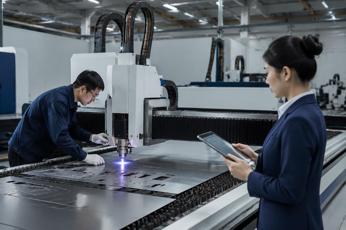 A CNC cutting machine being tested in a factory production line with a finance team member logging asset details