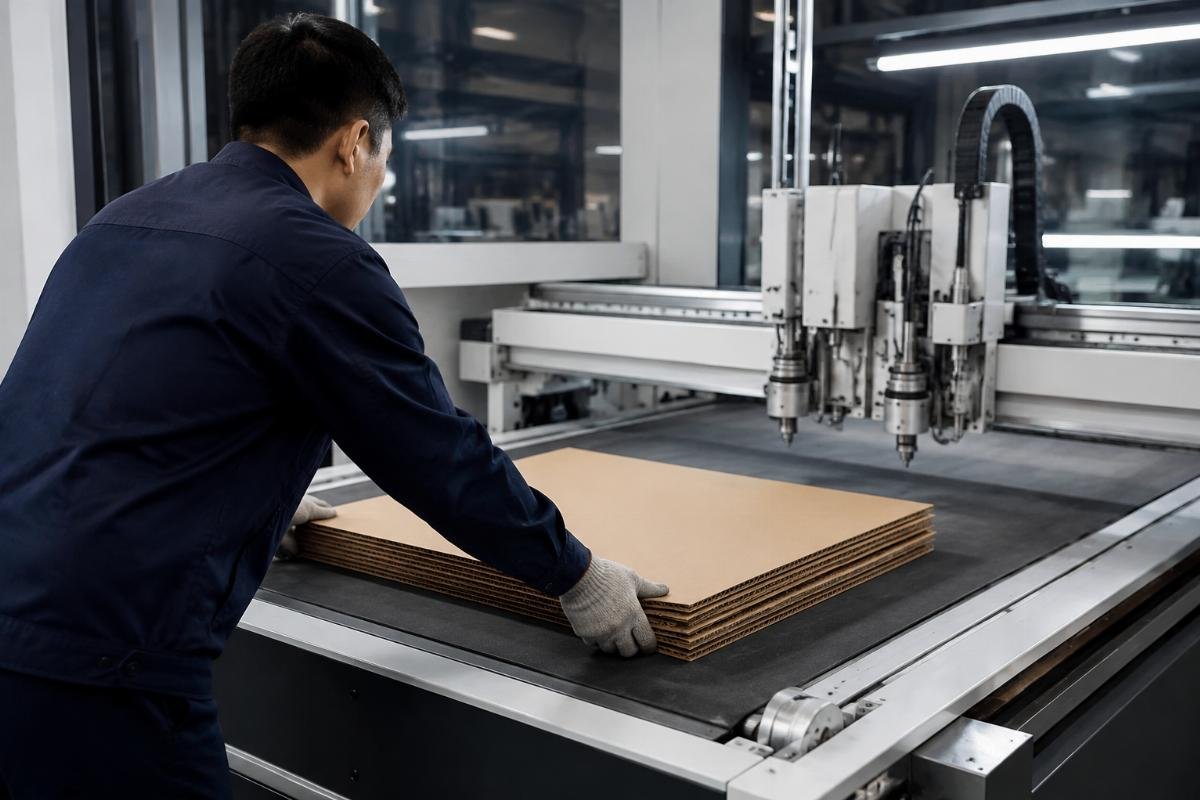 Eliminate die storage and modification costs A factory worker loading a stack of corrugated board into an automated CNC cutting machine, no physical die sets visible in the work area