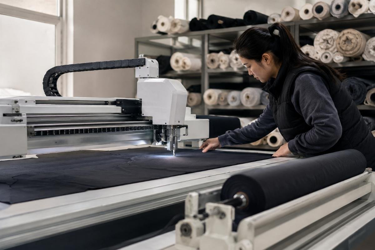 Entry-level CNC cutting machine for small garment production A small startup garment workshop operator using an entry-level CNC cutting machine to process cotton fabric rolls