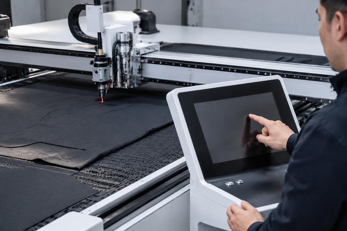 Entry-level garment CNC cutting machine parameter adjustment Operator adjusting cutting parameters on an entry-level garment CNC cutting machine