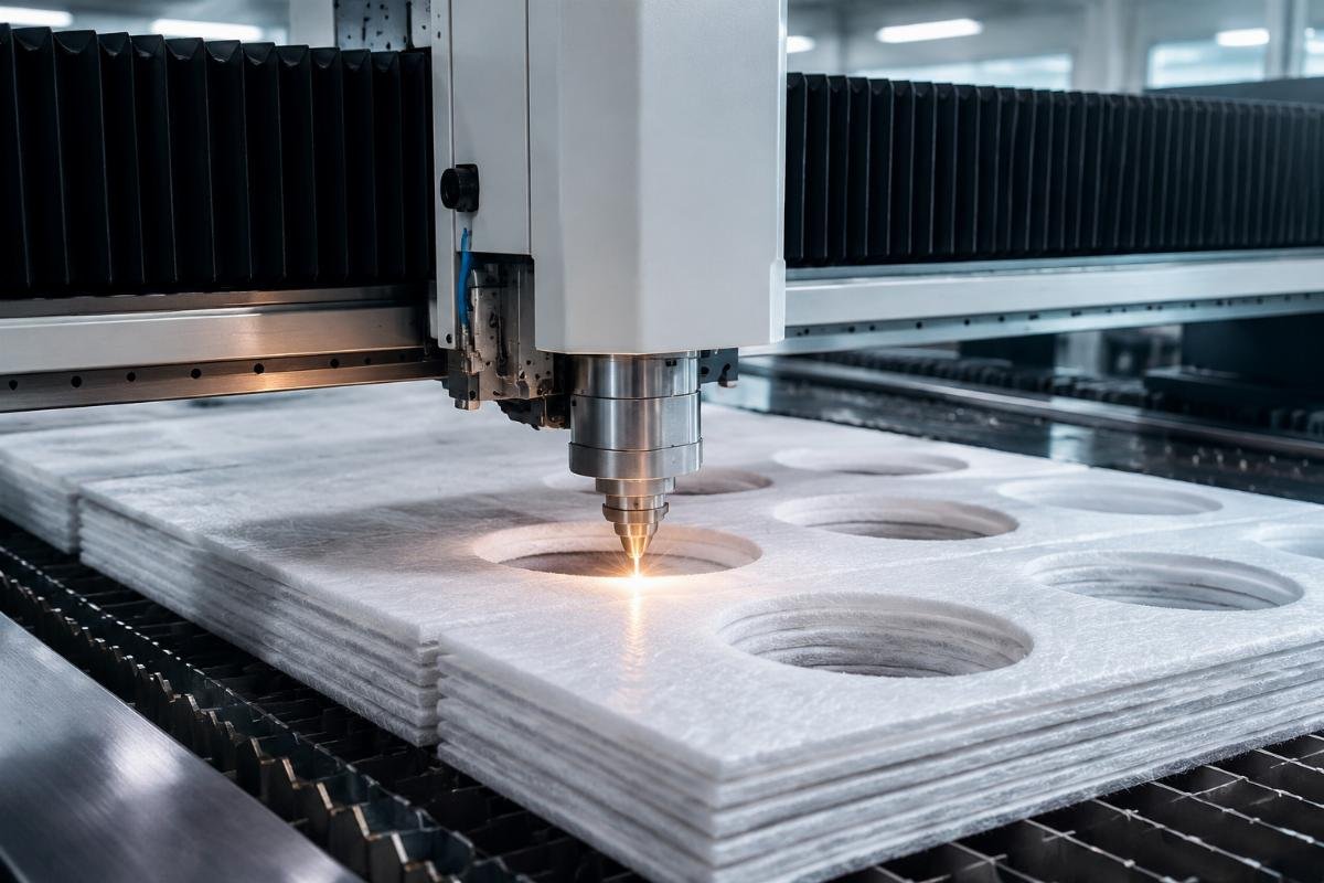 Filter media CNC cutting machine core performance features A CNC cutting machine processing layered filter media in a clean production workshop