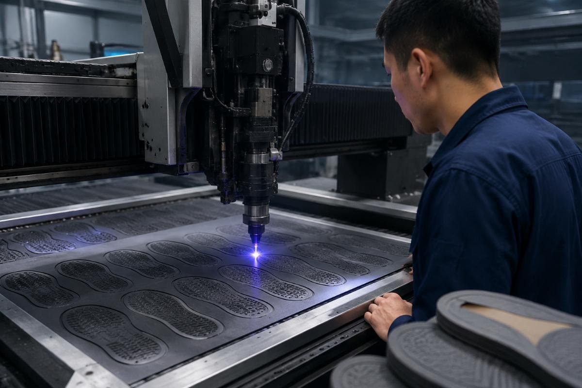 Footwear factory CNC cutter deployment Factory operator running a CNC cutter for shoe sole production