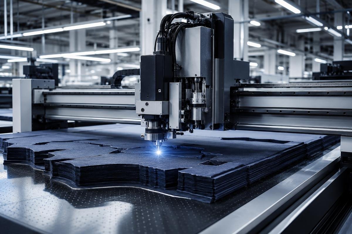 Garment factory CNC cutting production output CNC cutting machine running multi-layer fabric cutting for a garment production line
