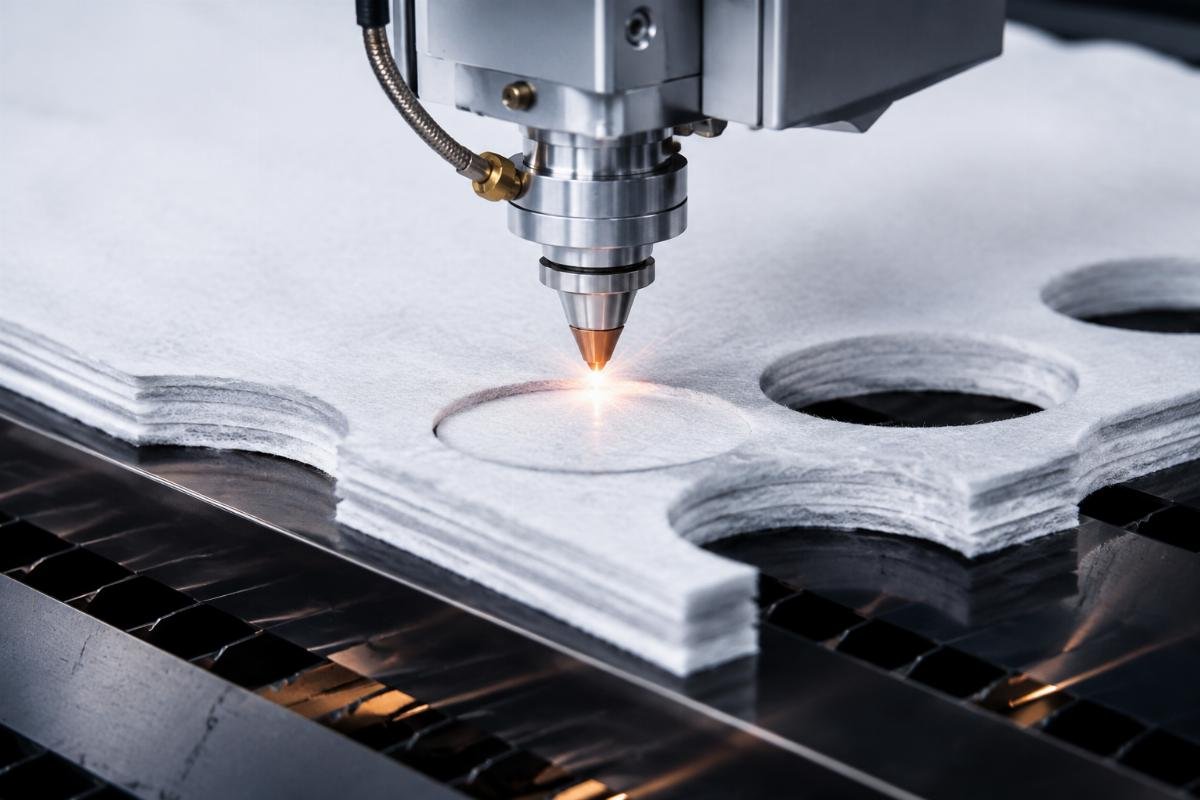 High precision filter media cutting result with no edge damage Multiple layers of filter material being cut with clean, burr-free edges