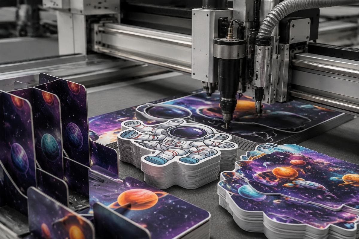 in-house custom contour cutting output for print shops A stack of die-cut custom stickers and retail display pieces produced in-house with a CNC contour cutter