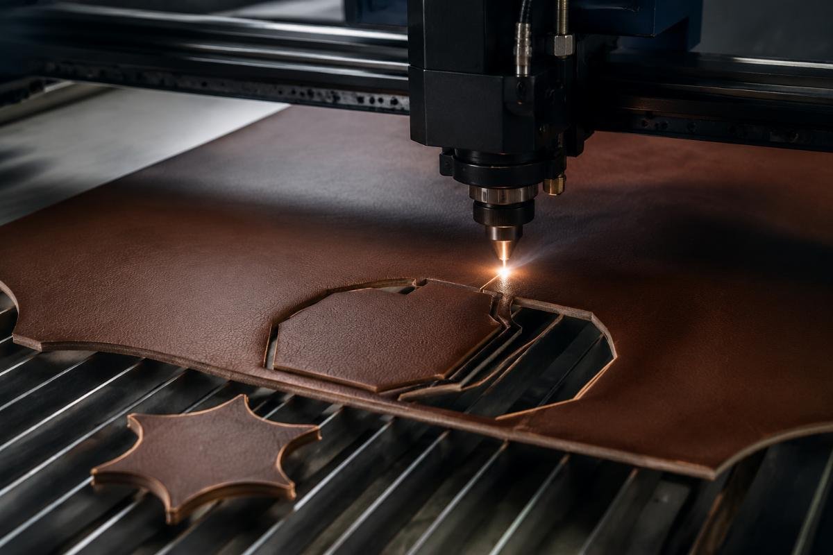 Leather cutting output showing clean, precise edges with no burning or material damage