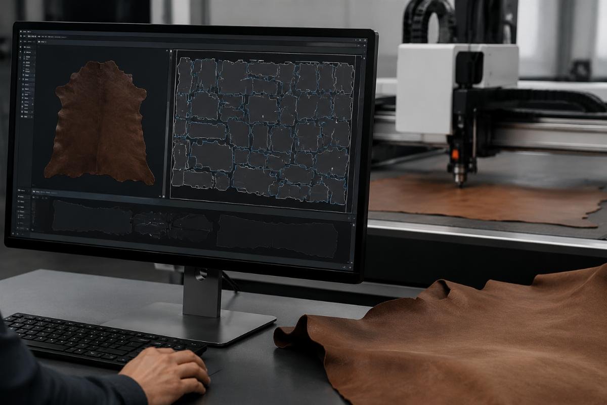 CNC nesting software interface displaying optimized layout for genuine leather hide cutting