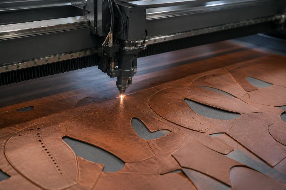 Leather factory CNC cutting precision and waste reduction CNC cutting machine processing genuine leather for shoe production with minimal waste