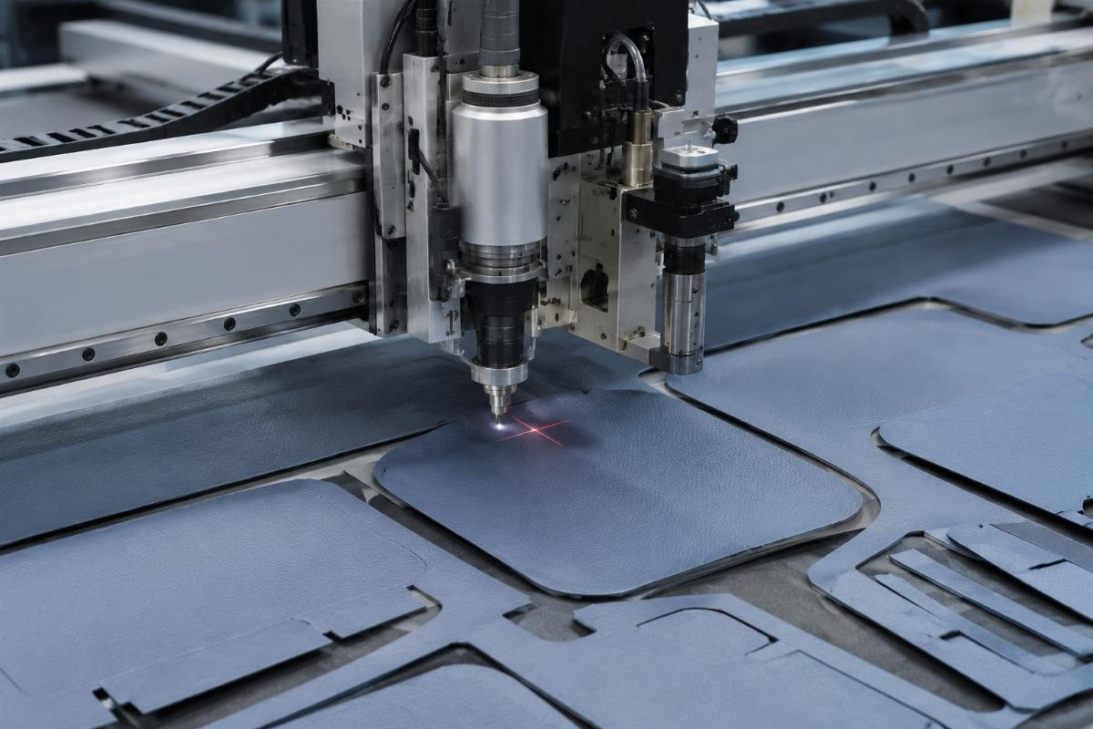 CNC oscillating knife cutting machine working on luggage PU fabric