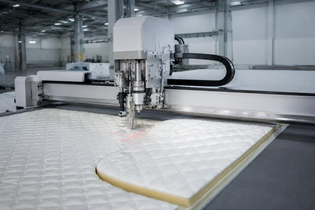Mattress CNC cutting machine in operation A CNC oscillating knife cutting machine processing foam and quilted fabric for mattress production in a clean factory floor