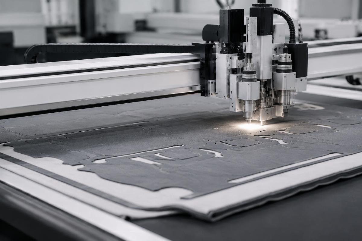 CNC oscillating knife cutting machine running nesting-optimized cuts for multi-layer fabric production