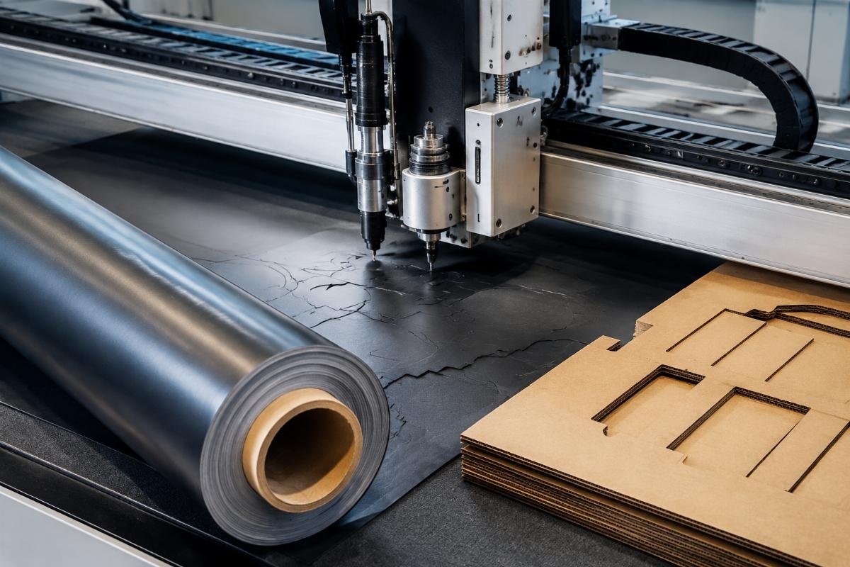 multi-material CNC cutting for print shop substrates A CNC cutter processing a roll of vinyl and cardboard for custom print orders