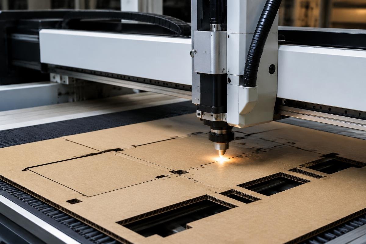 CNC cutter processing corrugated cardboard for packaging production