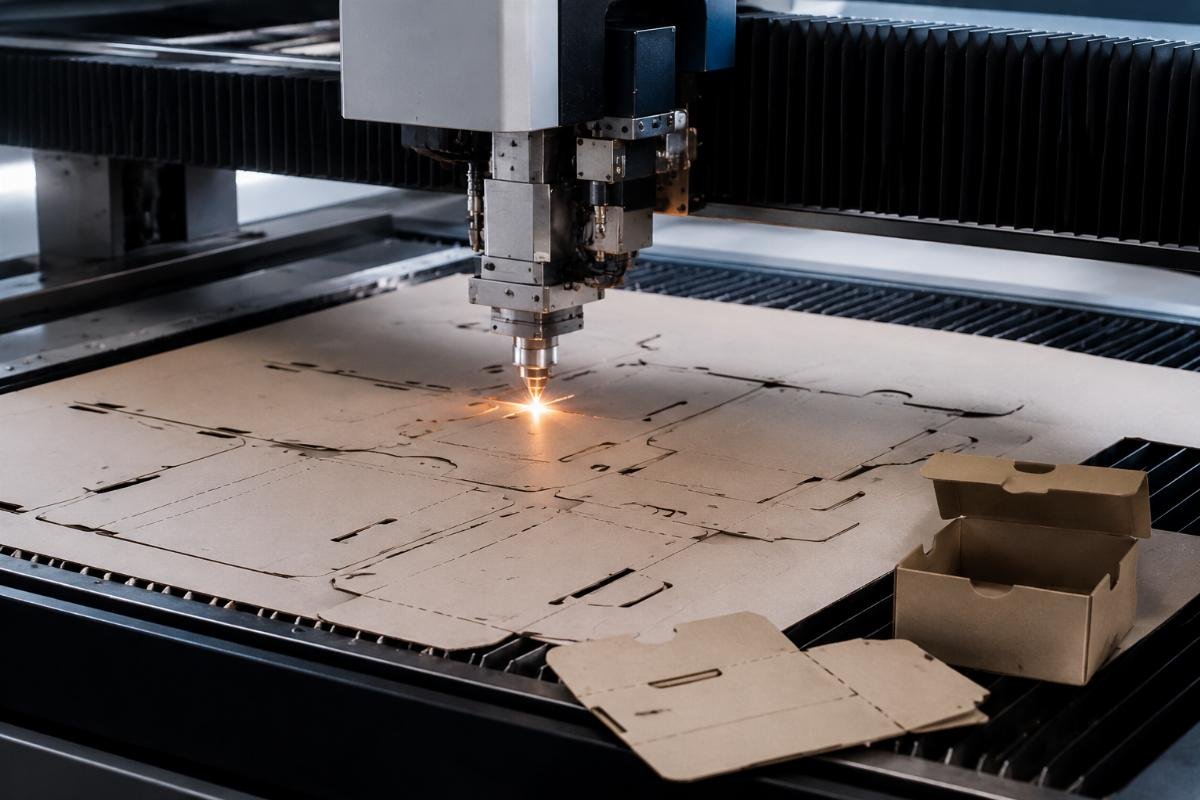 Packaging factory die-free CNC cutting workflow CNC cutting machine producing custom packaging samples without dedicated die tools