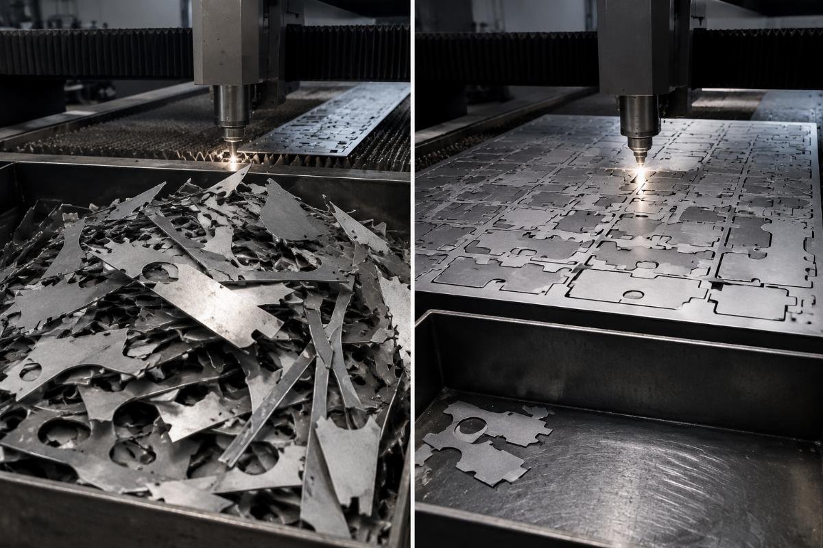 Side-by-side shot of packaging production scrap piles before and after die-free CNC nesting implementation