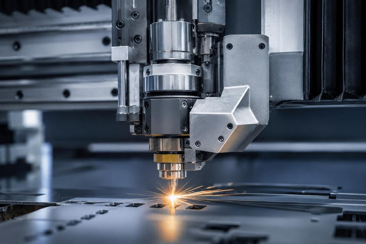Precision cutting head of CNC oscillating knife machine A close-up of a precision CNC oscillating knife machine cutting head
