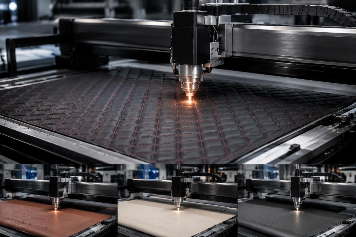 A production line switching between different car seat cover material batches