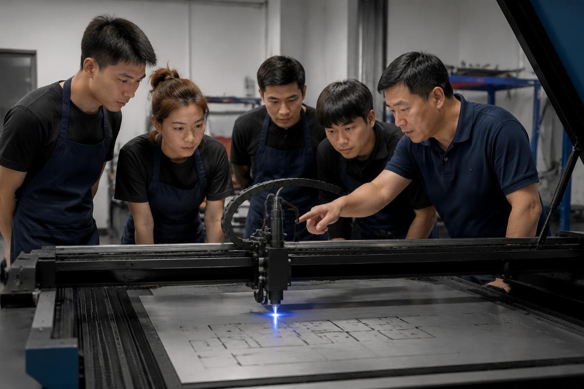 supplier-provided on-site CNC cutter operator training A technician leading on-site operator training for a small screen printing shop team on a new CNC cutter