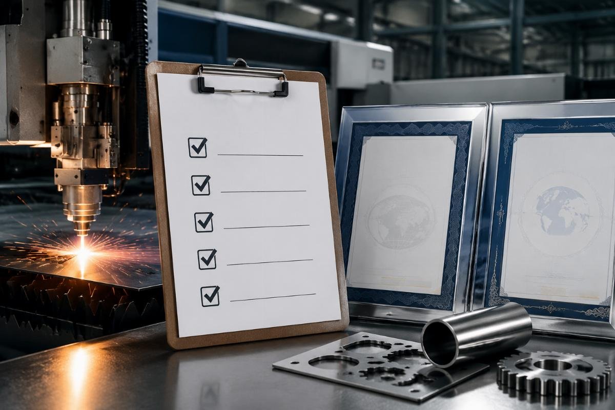Supplier Qualifications That Lower CNC Insurance Risk A checklist of supplier qualification criteria next to photos of Intertek and CE certification documents