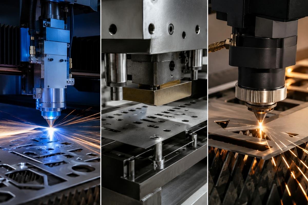 Total production cost comparison for CNC cutter, click press and laser Side-by-side cost breakdown comparison for three industrial cutting technologies