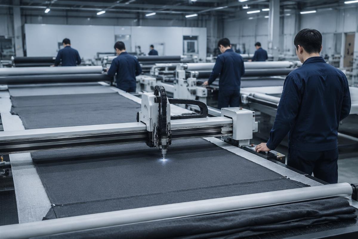Uniform production batch cutting process with CNC machine Uniform production team running batches of fabric on a new CNC cutting machine