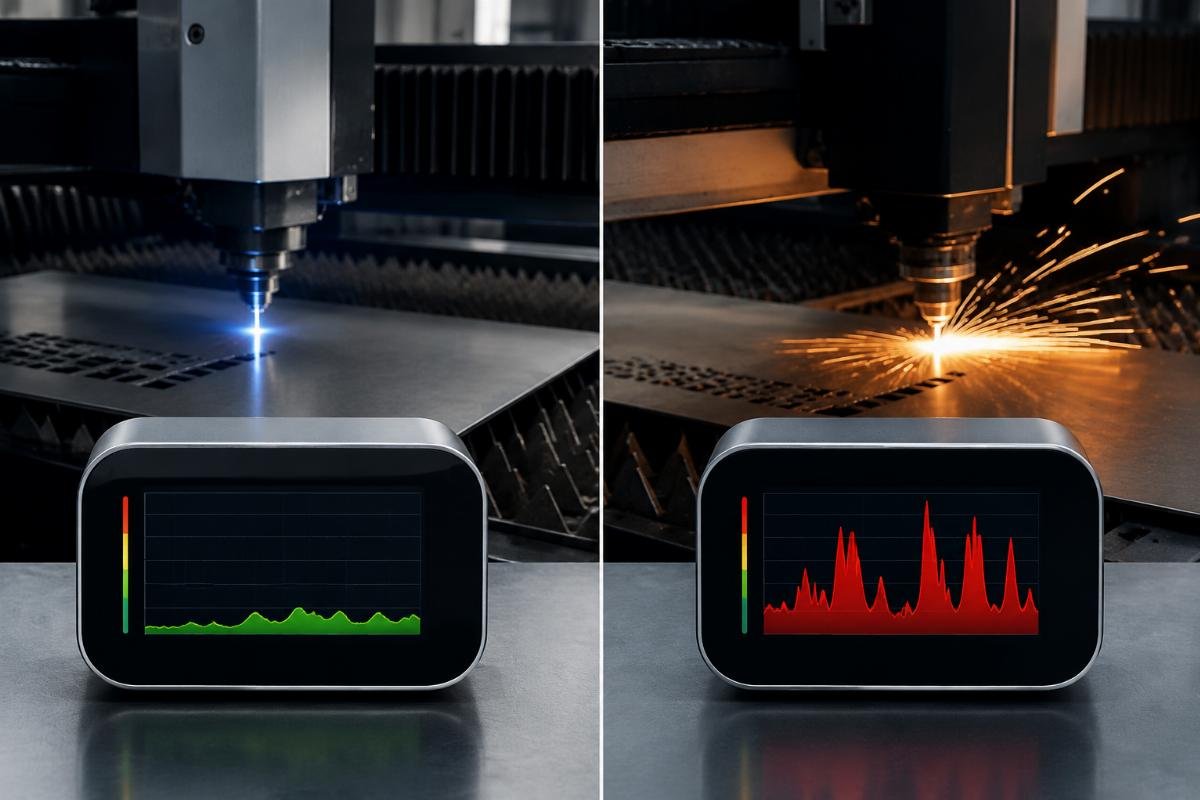 Workshop air quality comparison for cold vs hot cutting Workshop air quality monitor showing zero volatile organic compound spikes during cold cutting operation vs sharp spikes during hot cutting